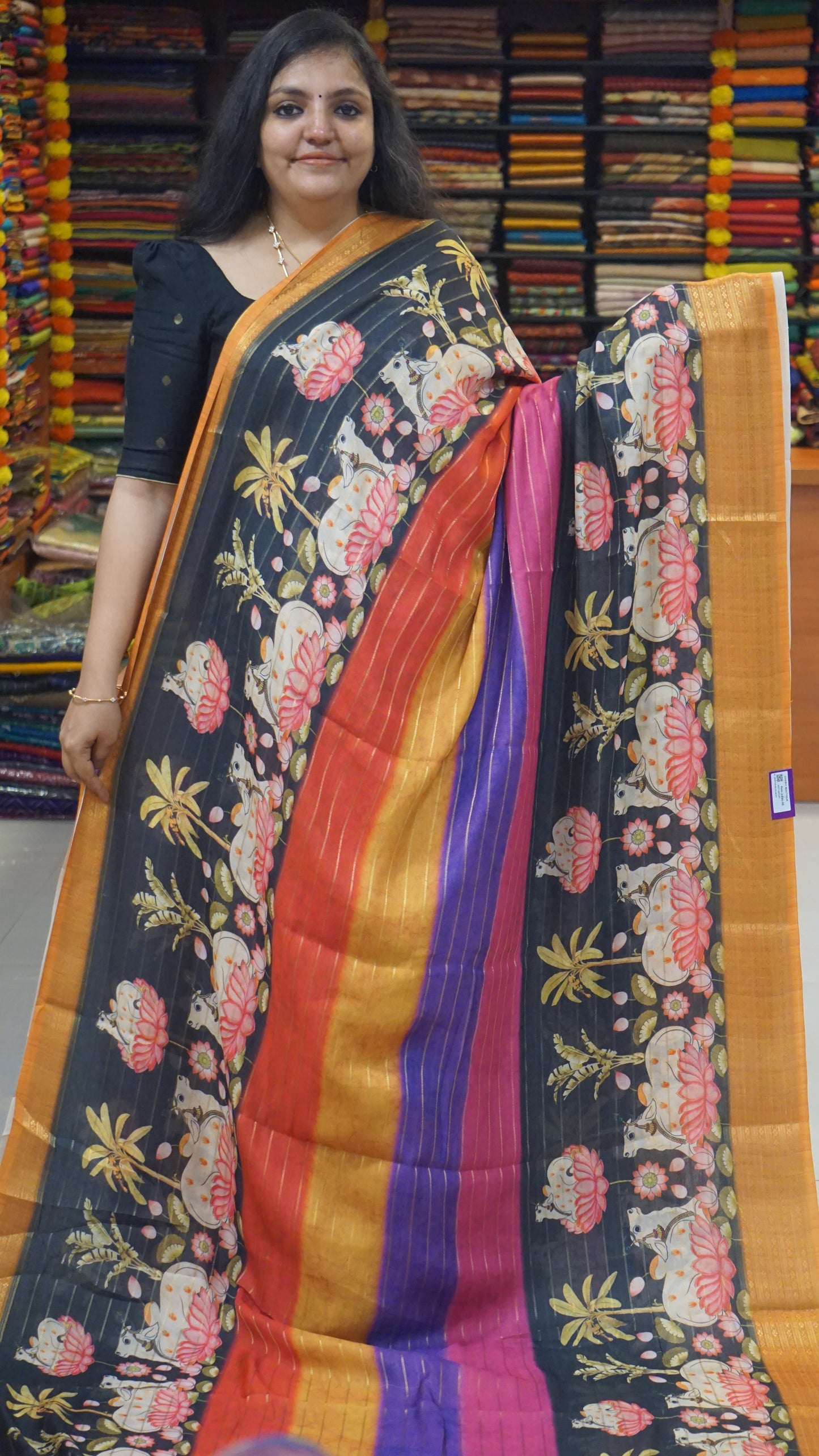 Shiffon Saree Pichwai Print Black to Mustard