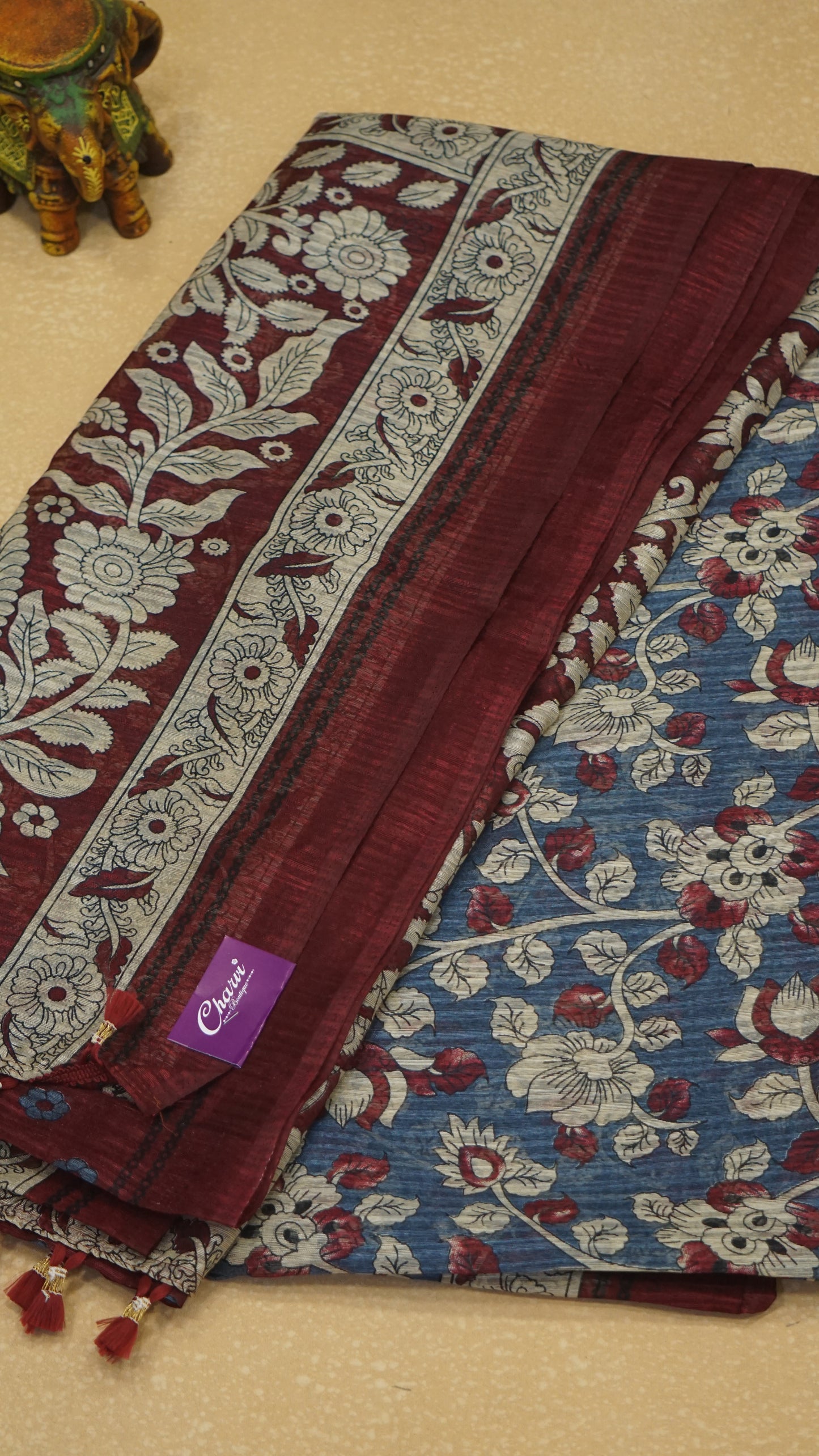 Jute Cotton Saree Kalamkari Print - Blue