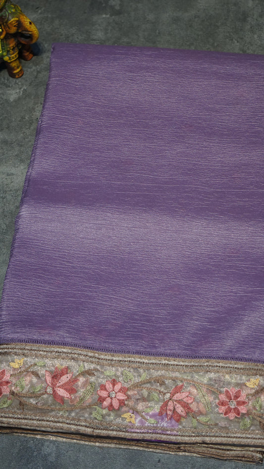 Semi Tussar Saree Crushed With Tissue Border Lavender