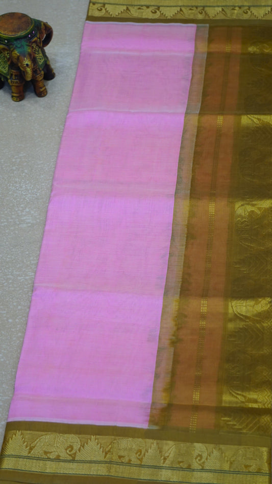 Silk Cotton Saree - Baby Pink & Mustard Yellow