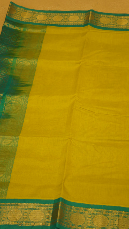 Silk Cotton Saree - Yellow With Turquoise Border