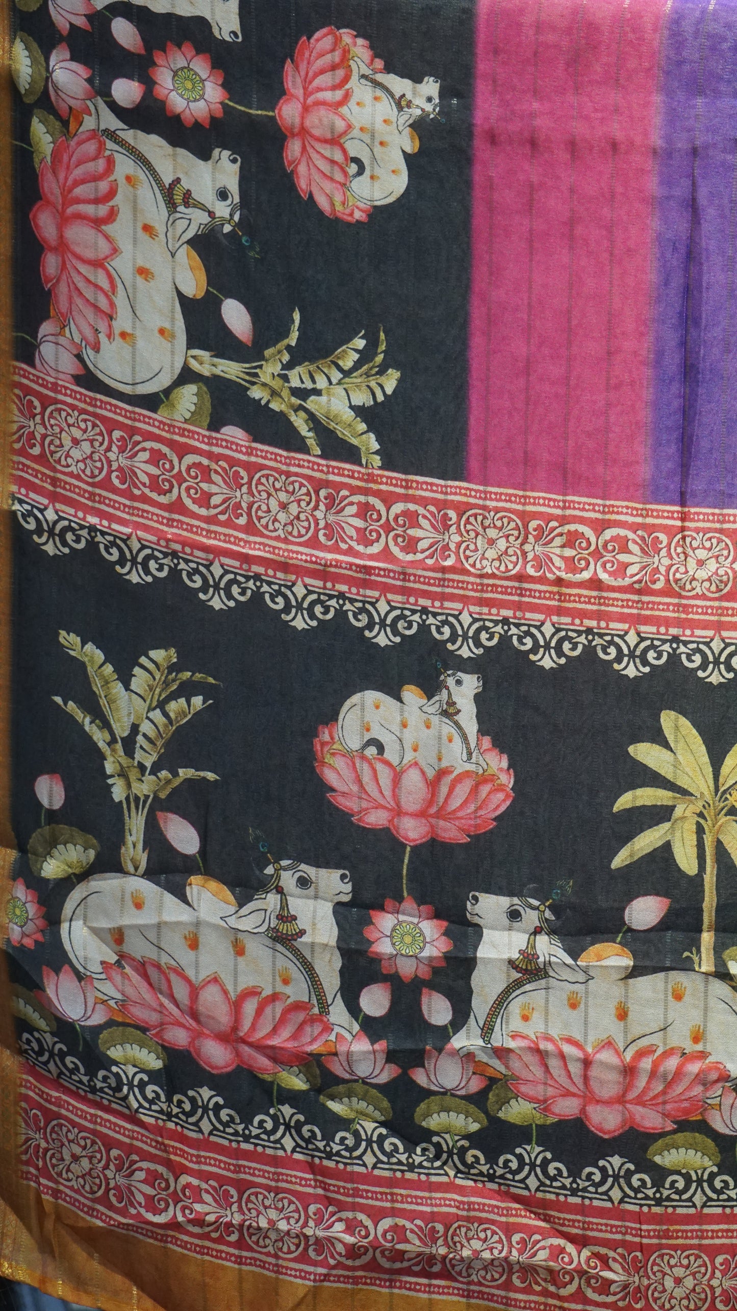 Shiffon Saree Pichwai Print Black to Mustard
