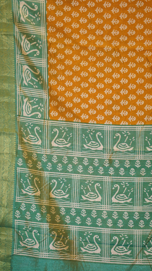 Semi Pattola With Swan Print Border - Mustard