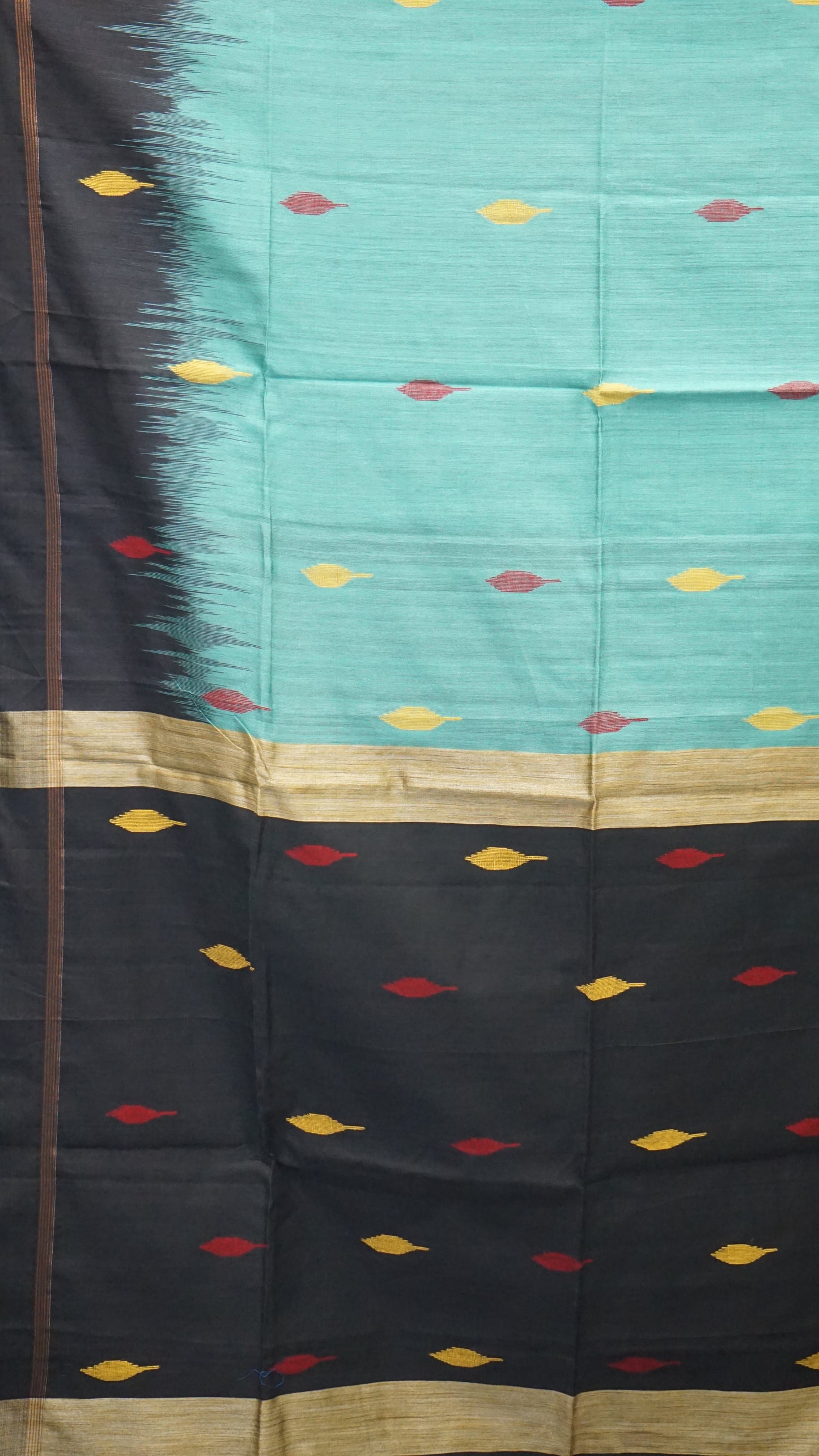 Handloom Cotton Saree - Turquoise Green & Black