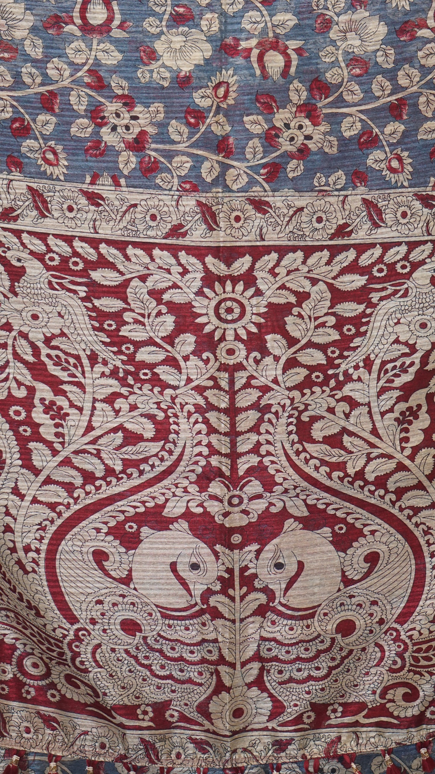 Jute Cotton Saree Kalamkari Print - Blue