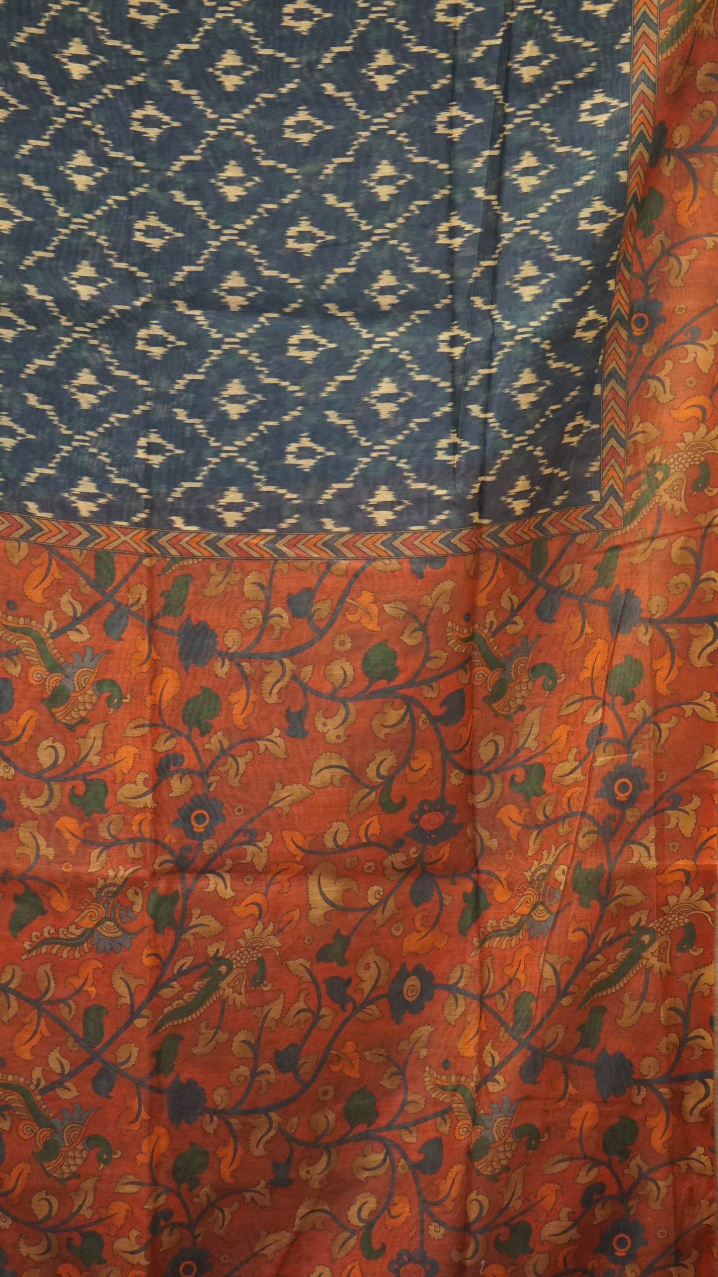 Chanderi Saree Ikkatkari Print - Red & Navy Blue