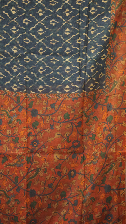 Chanderi Saree Ikkatkari Print - Red & Navy Blue
