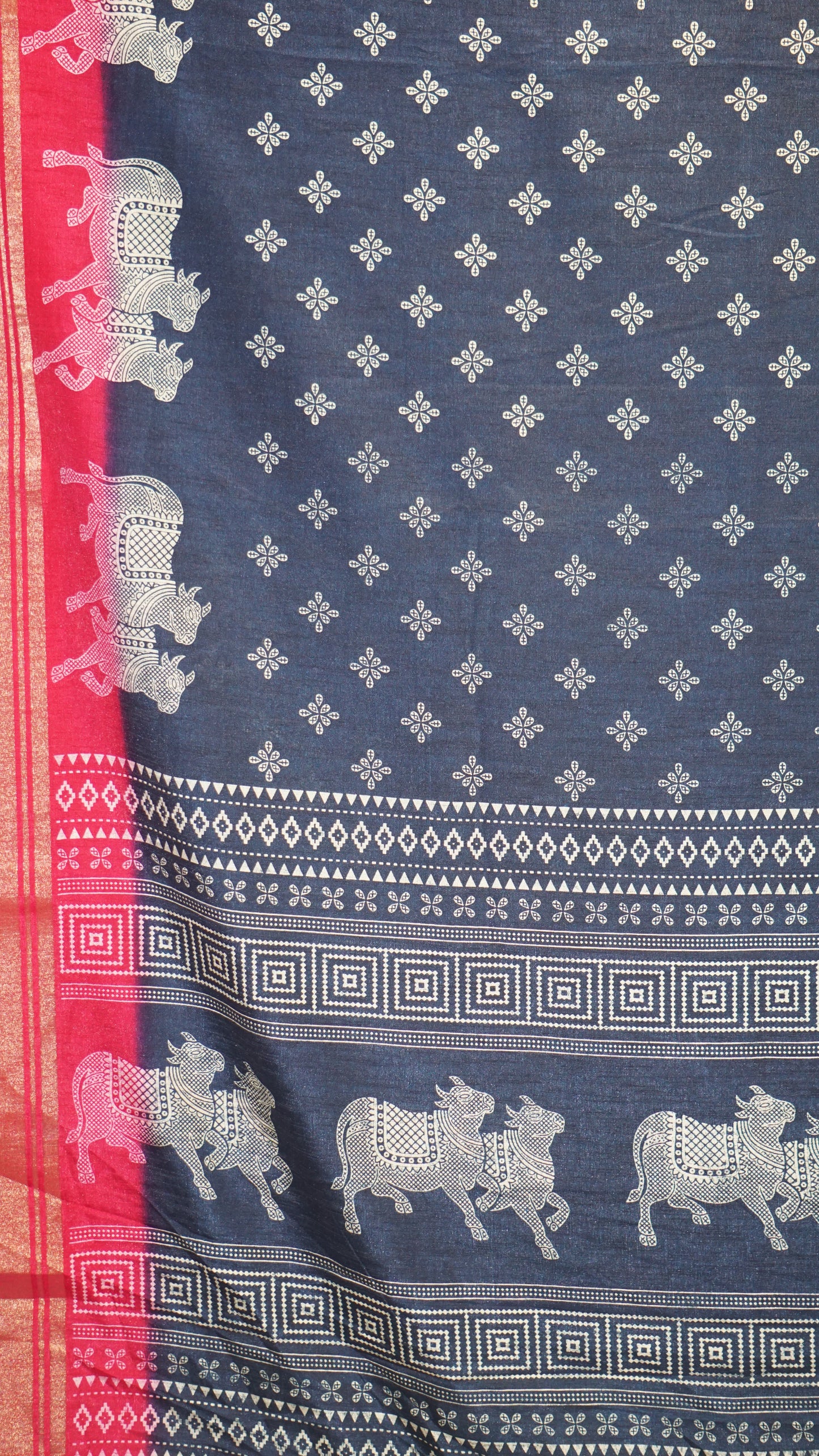 Shiffon Saree Cow Print Peacock Blue - Pink