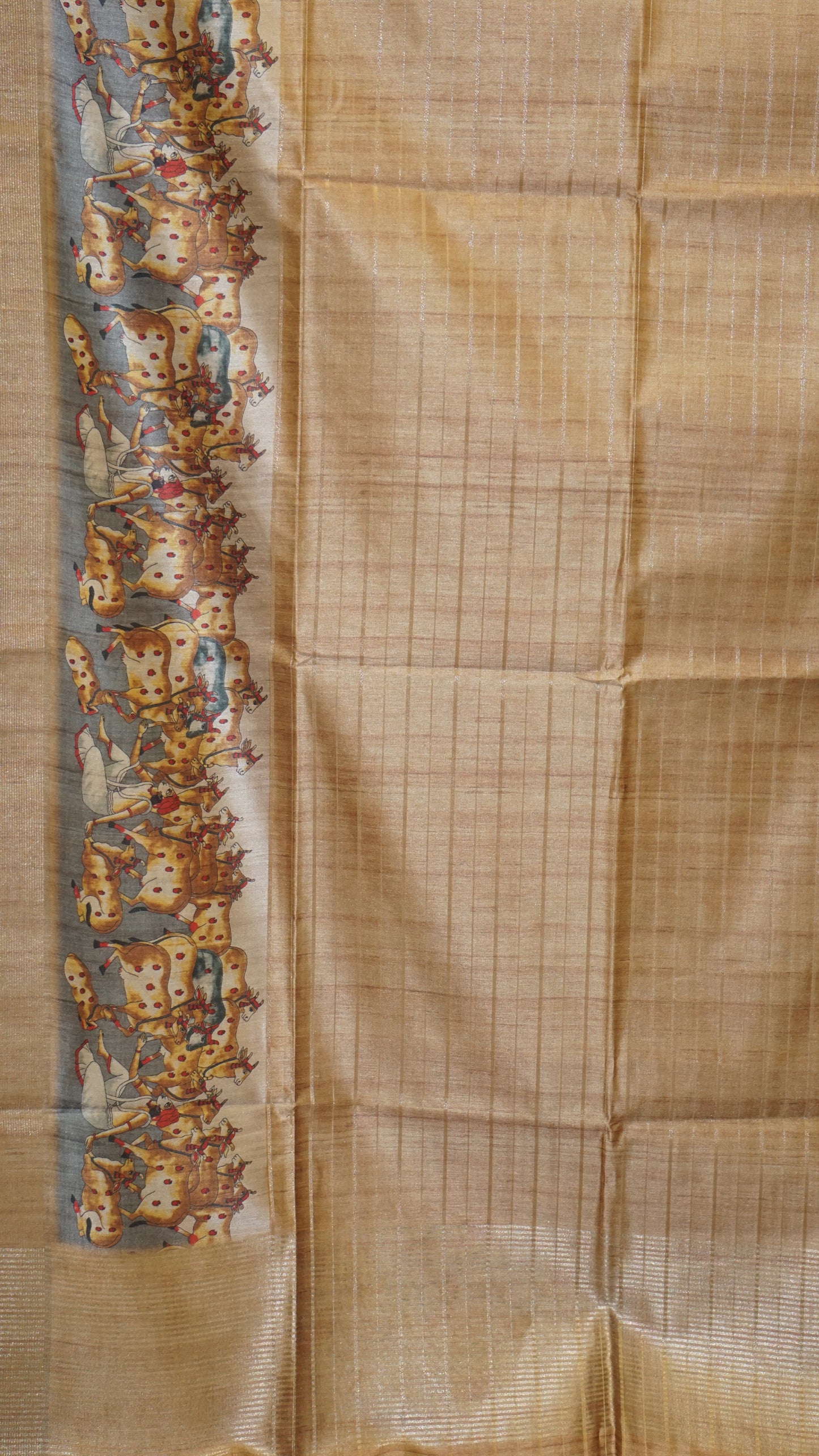 Semi Tussar Saree With Pichwai Border - Golden Shade