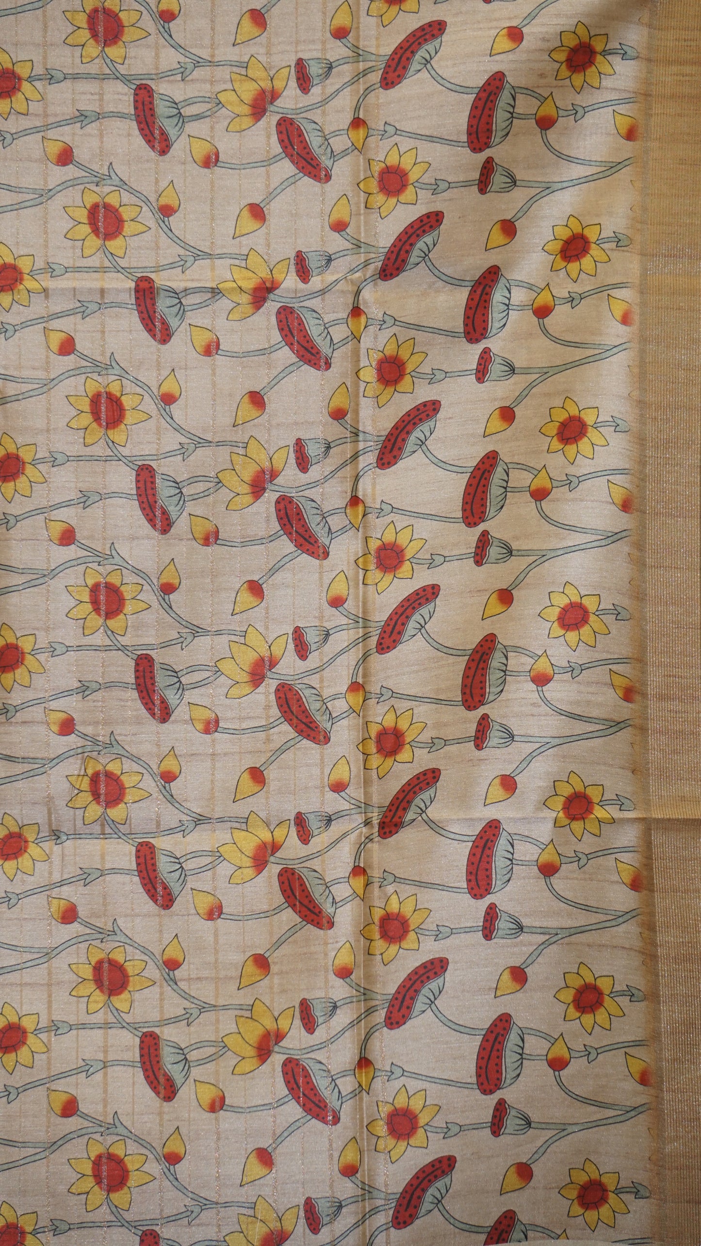 Semi Tussar Saree With Pichwai Border - Golden Shade