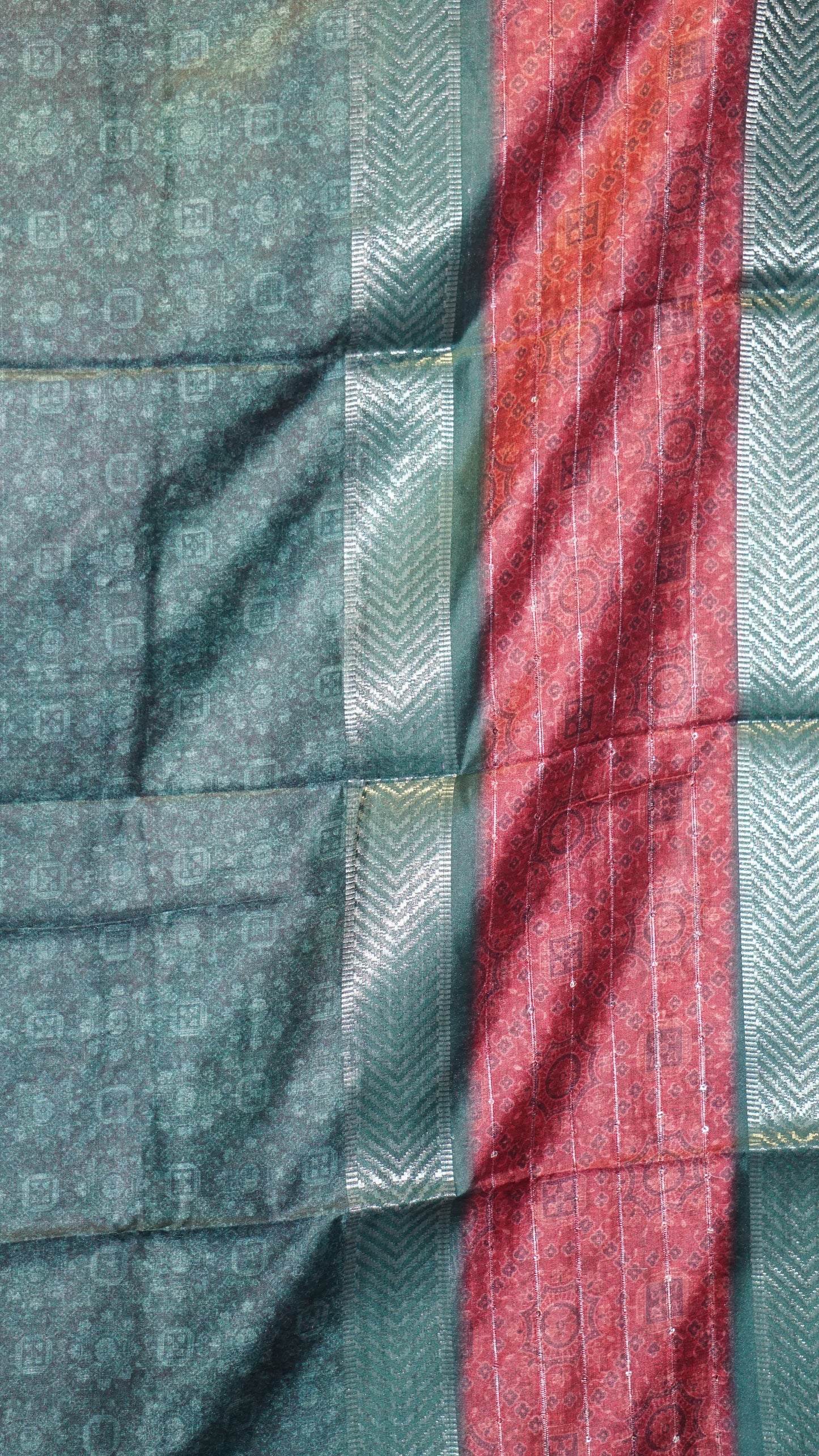Semi Printed Silk Ajrak Print Maroon - Green
