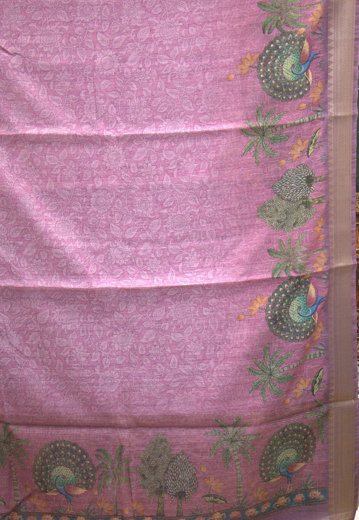 Semi Chanderi Saree Peacock Print-Pink