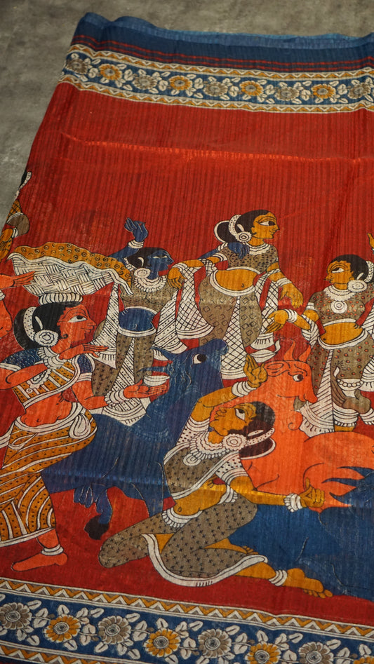 Jute Cotton Saree Kalamkari Print Red