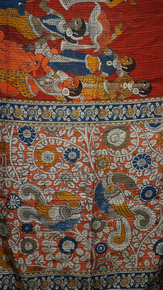 Jute Cotton Saree Kalamkari Print Red