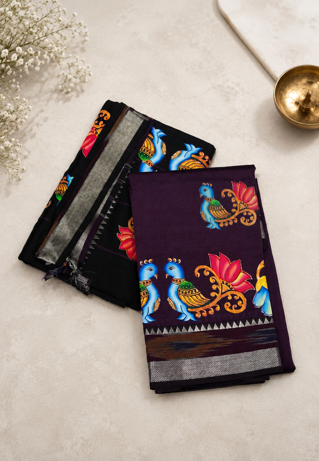 Pure Mangalgiri Silk 2Pc Salwar Material-Dark Purple with Tanjore Print