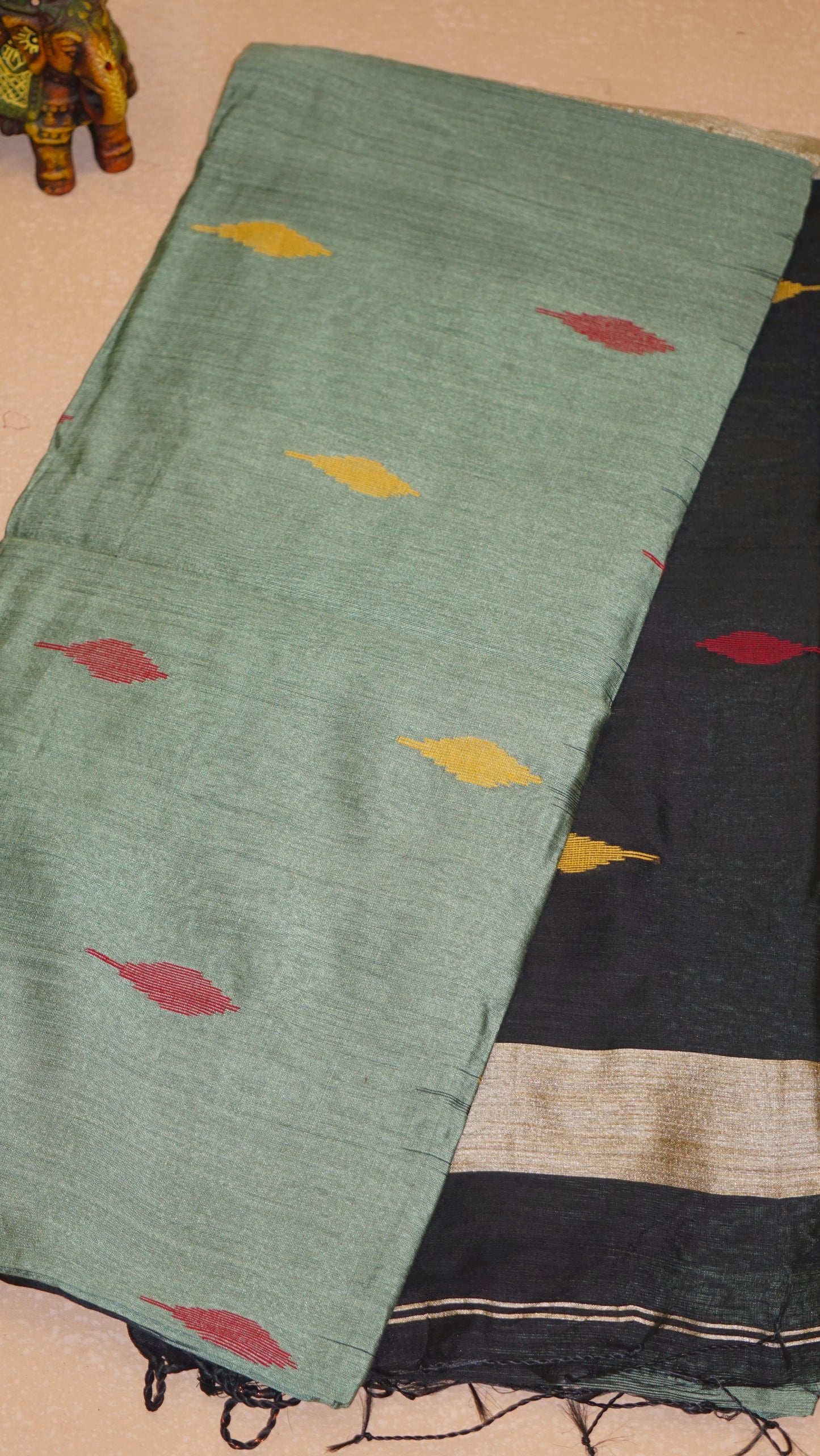Handloom Cotton Saree - Light Green & Black