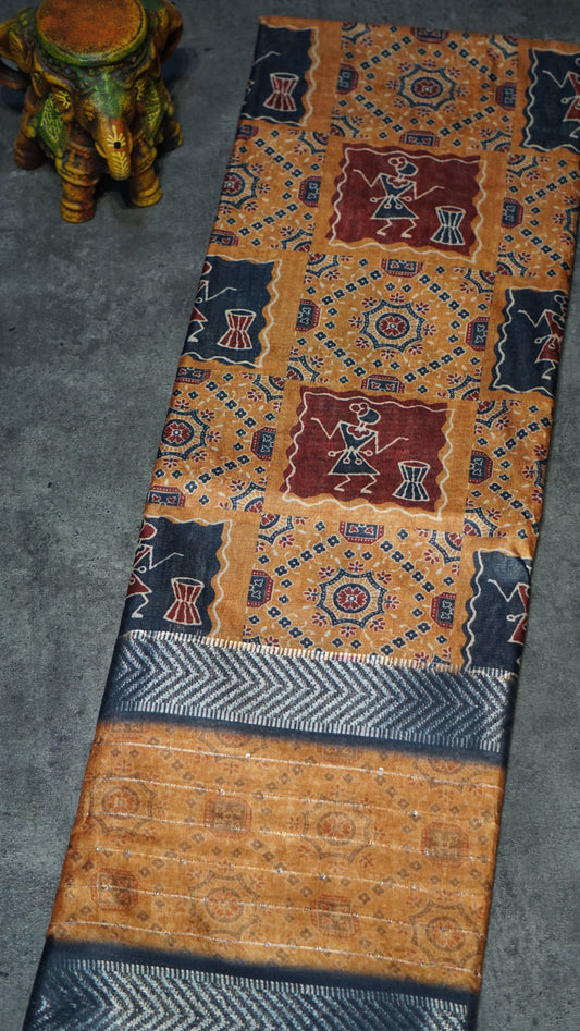 Semi Printed Silk Ajrak Print Mustard - Navy Blue