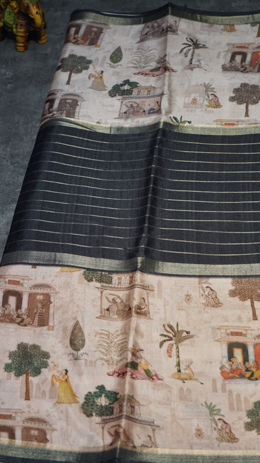 Semi Printed Silk Saree - Black