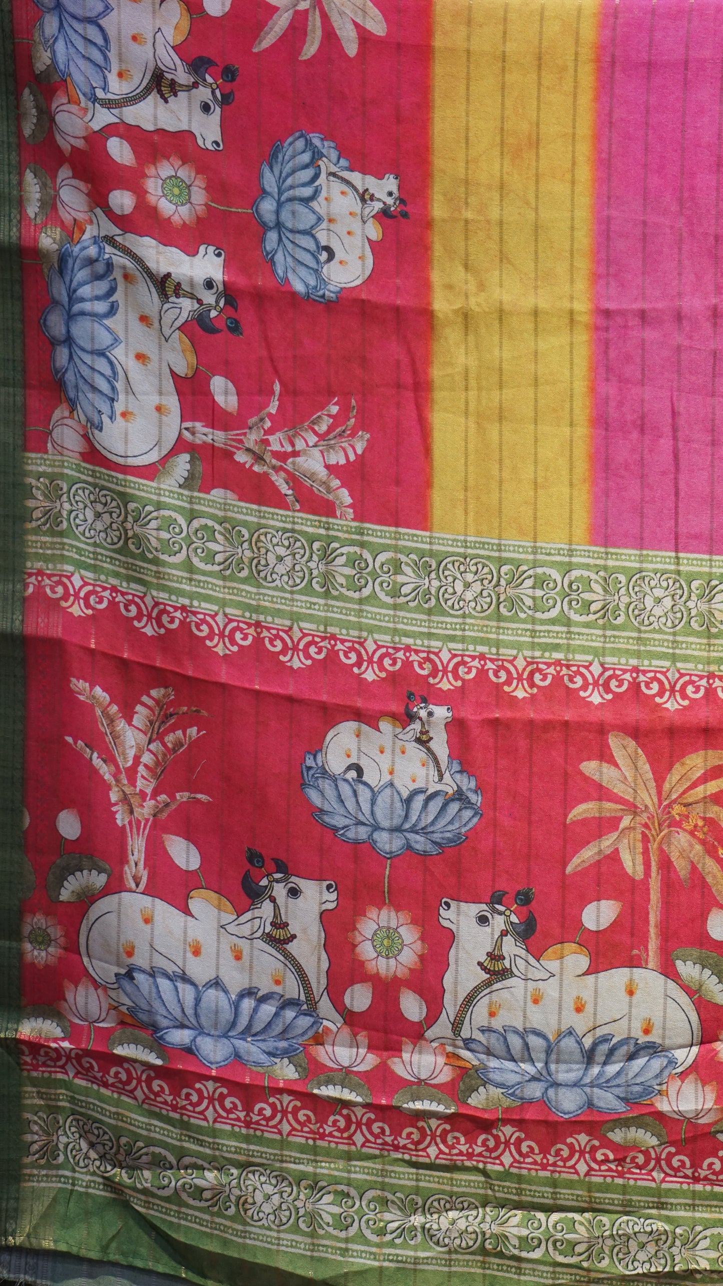 Shiffon Saree Pichwai Print Pink to Green
