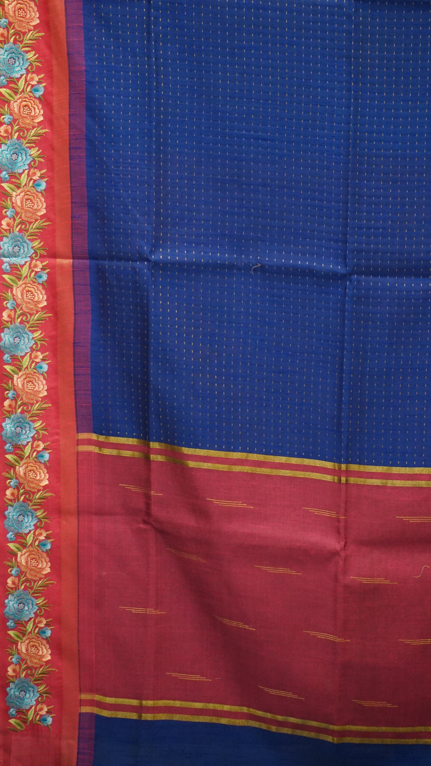 Semi Raw Silk Saree - Navy Blue With Magenta Floral Border
