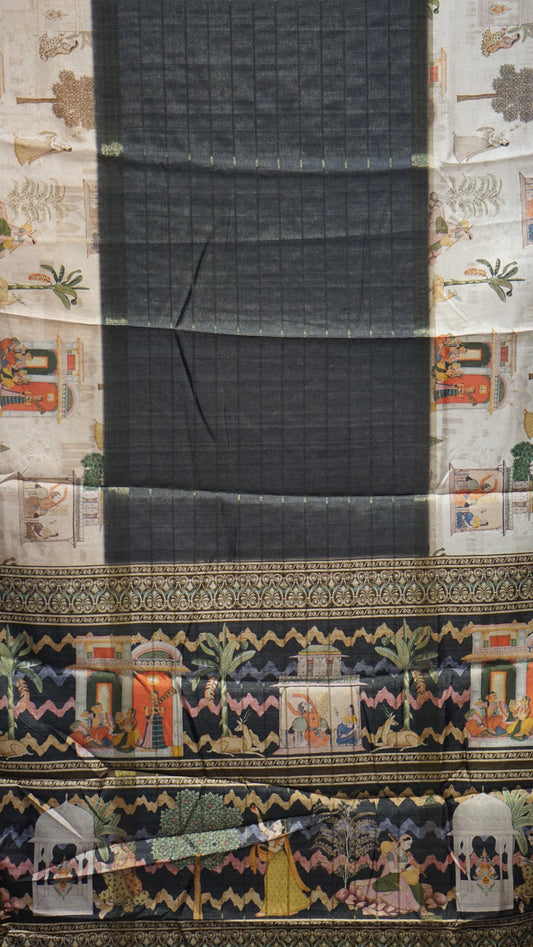 Semi Printed Silk Saree - Black