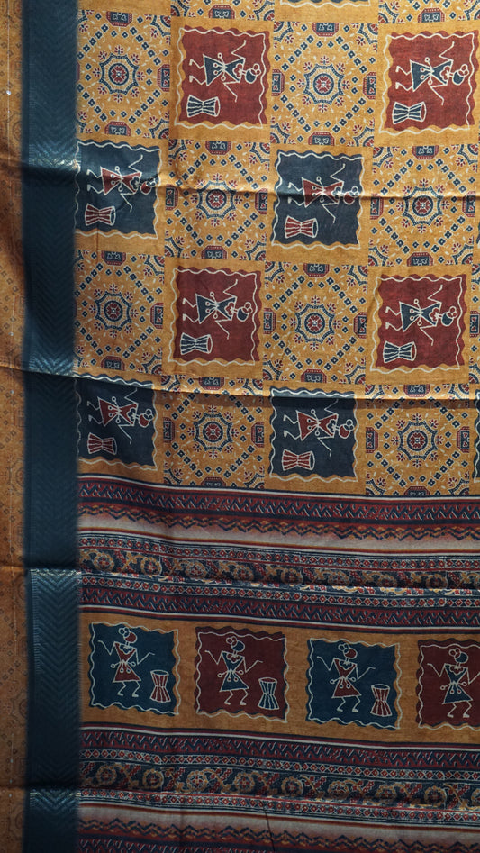 Semi Printed Silk Ajrak Print Mustard - Navy Blue