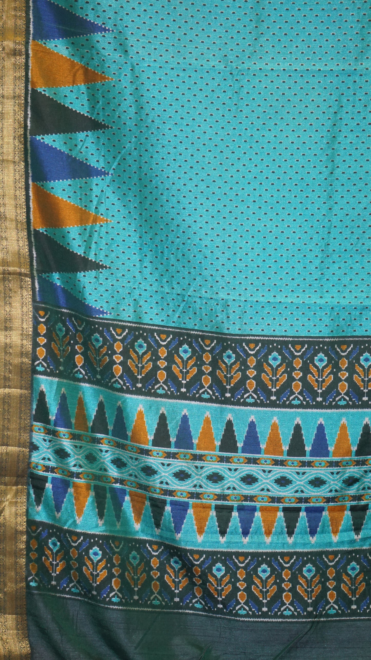 Semi Pattola With Temple Border - Teal Blue
