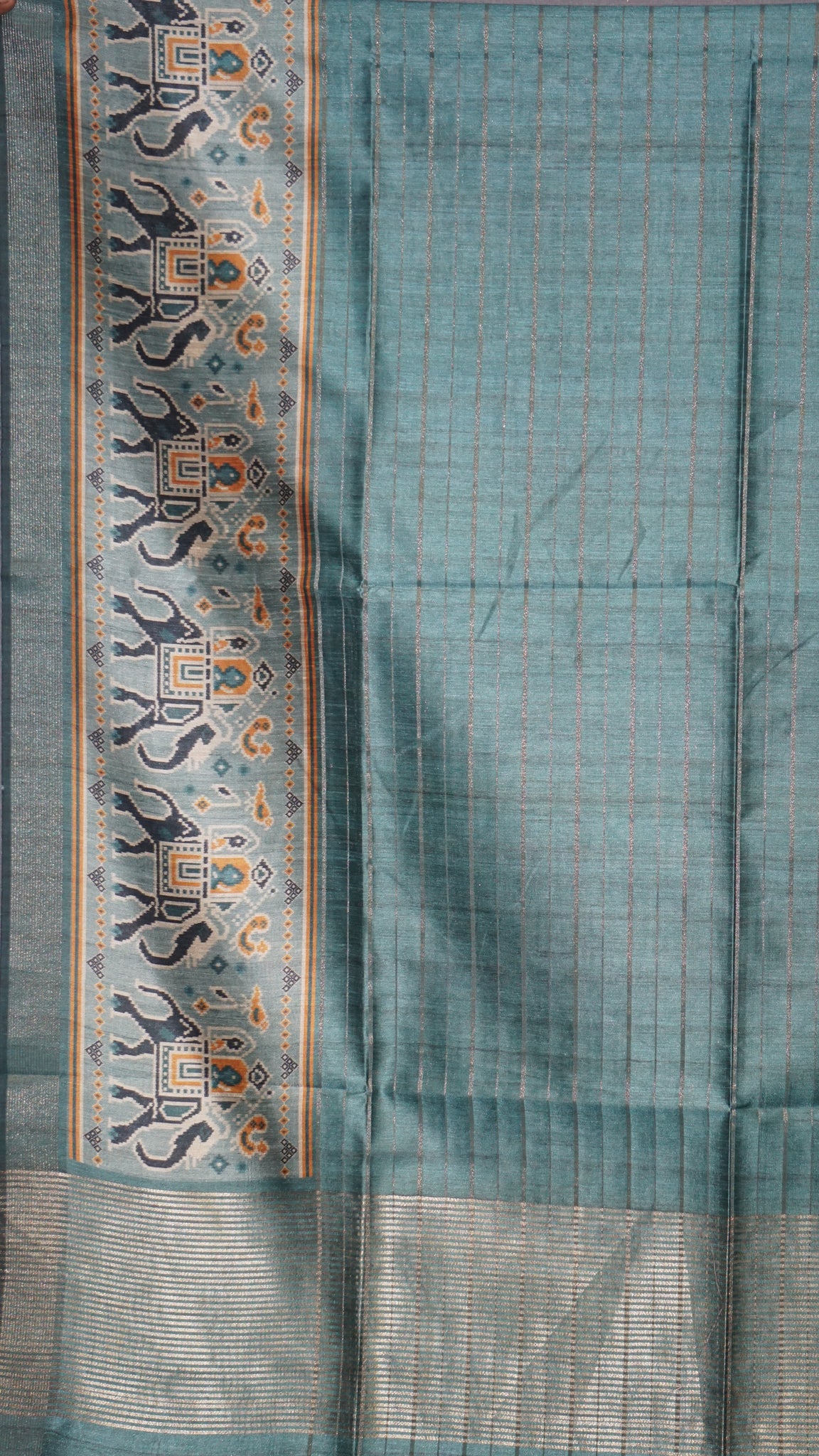 Semi Tussar Saree With Pattola Print Teal Blue