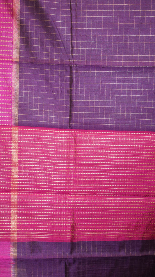 Pure Dupion Silk Saree Checks - Violet with Pink Border