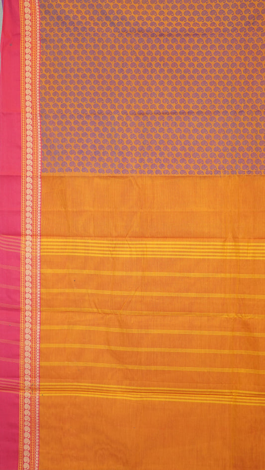 Kanchi Cotton Saree - Peach and Orange blend With Pink Border