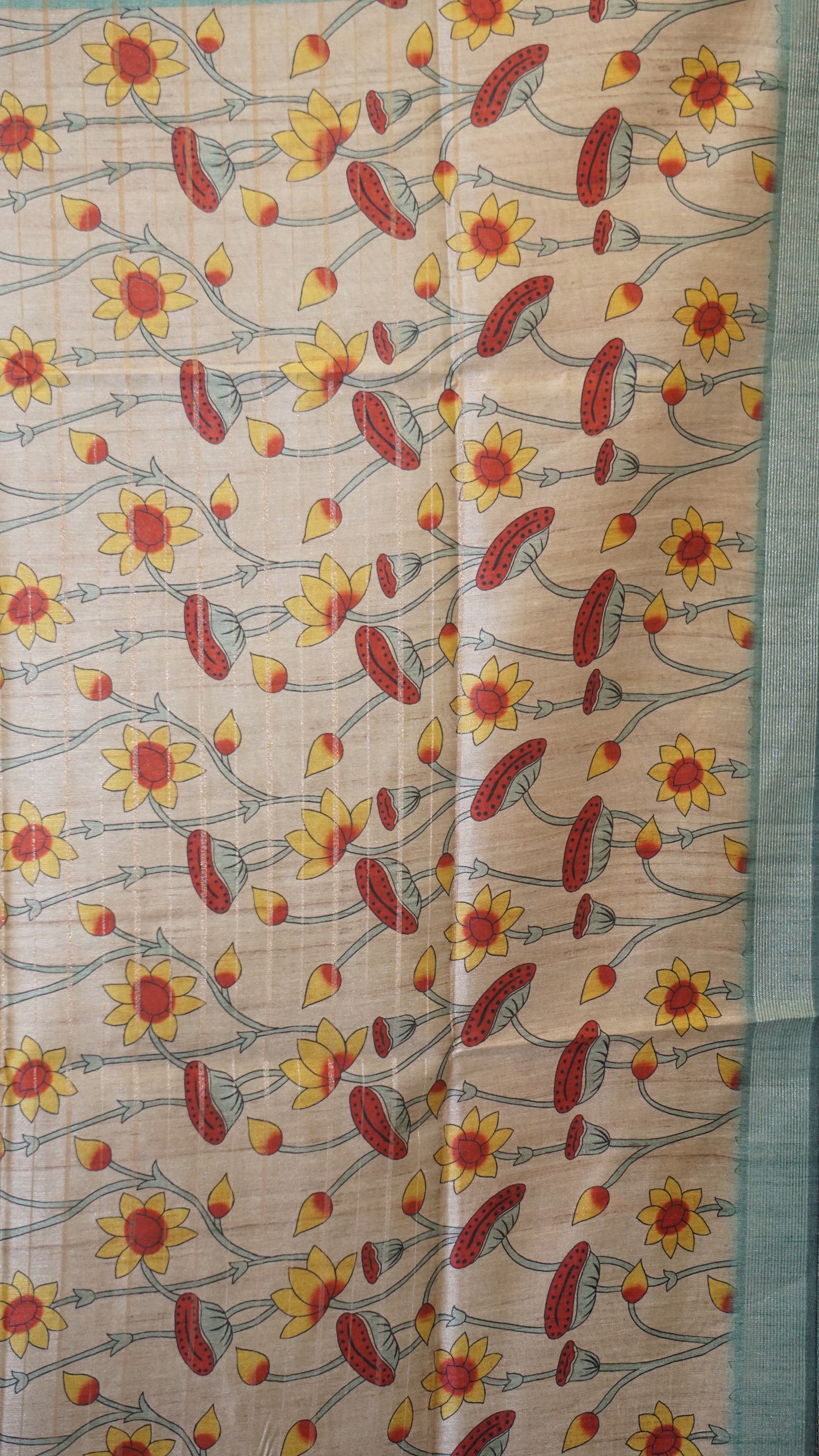Semi Tussar Saree With Pichwai Border - Sea Green