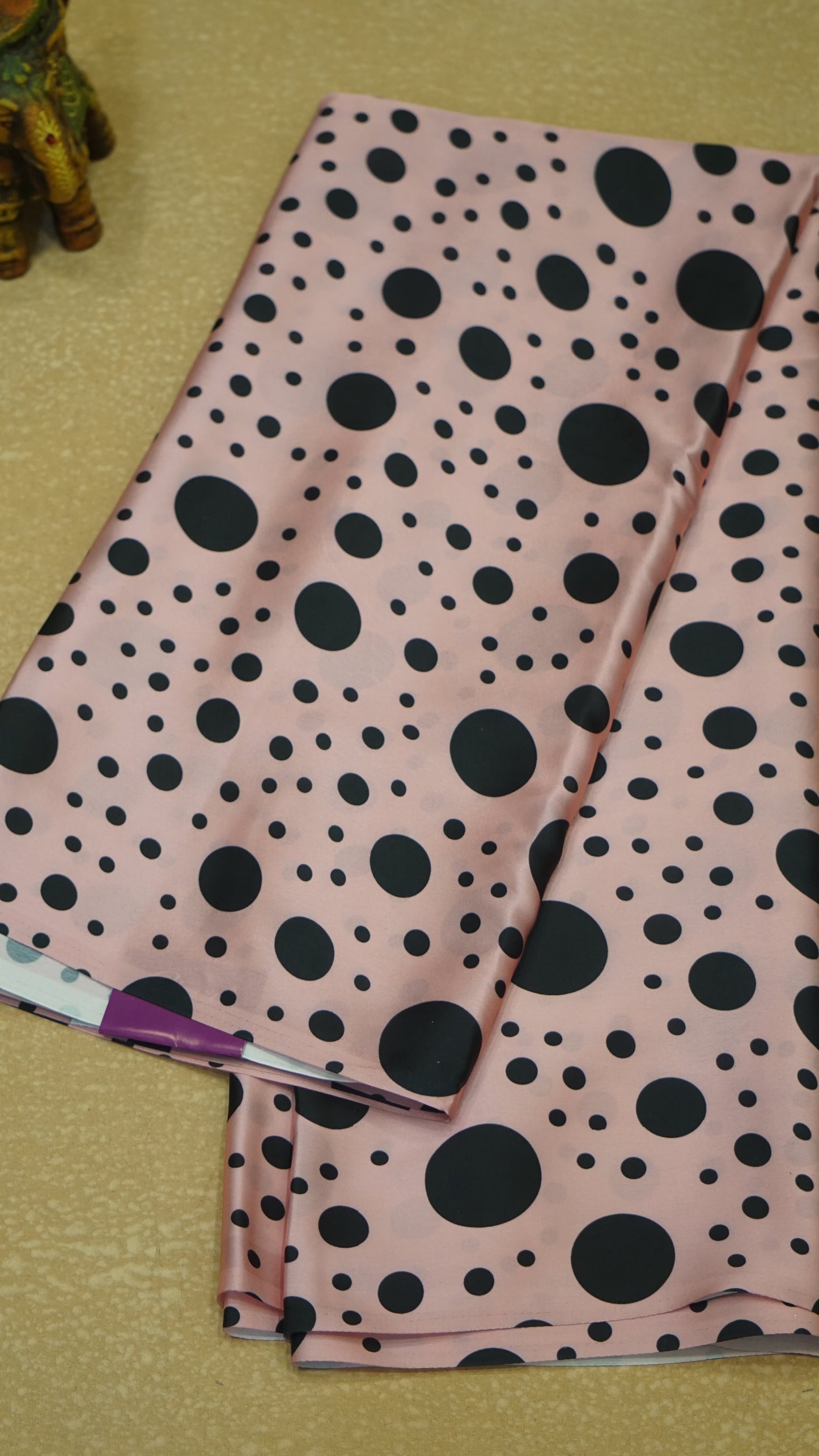 Modal Satin Saree - Baby Pink With Black Polka Dots