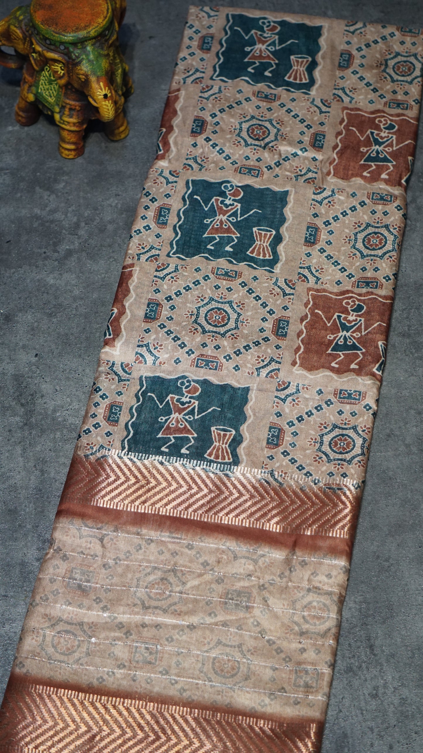 Semi Printed Silk Ajrak Print Beige - Brown