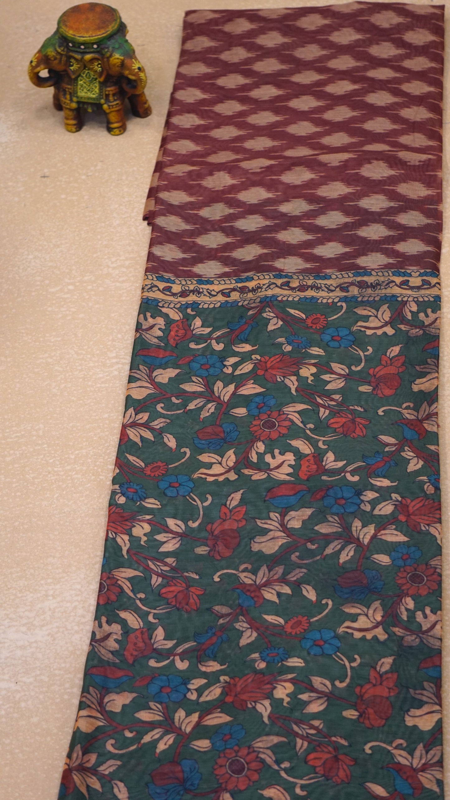 Chanderi Saree Ikkatkari Print - Green & Maroon