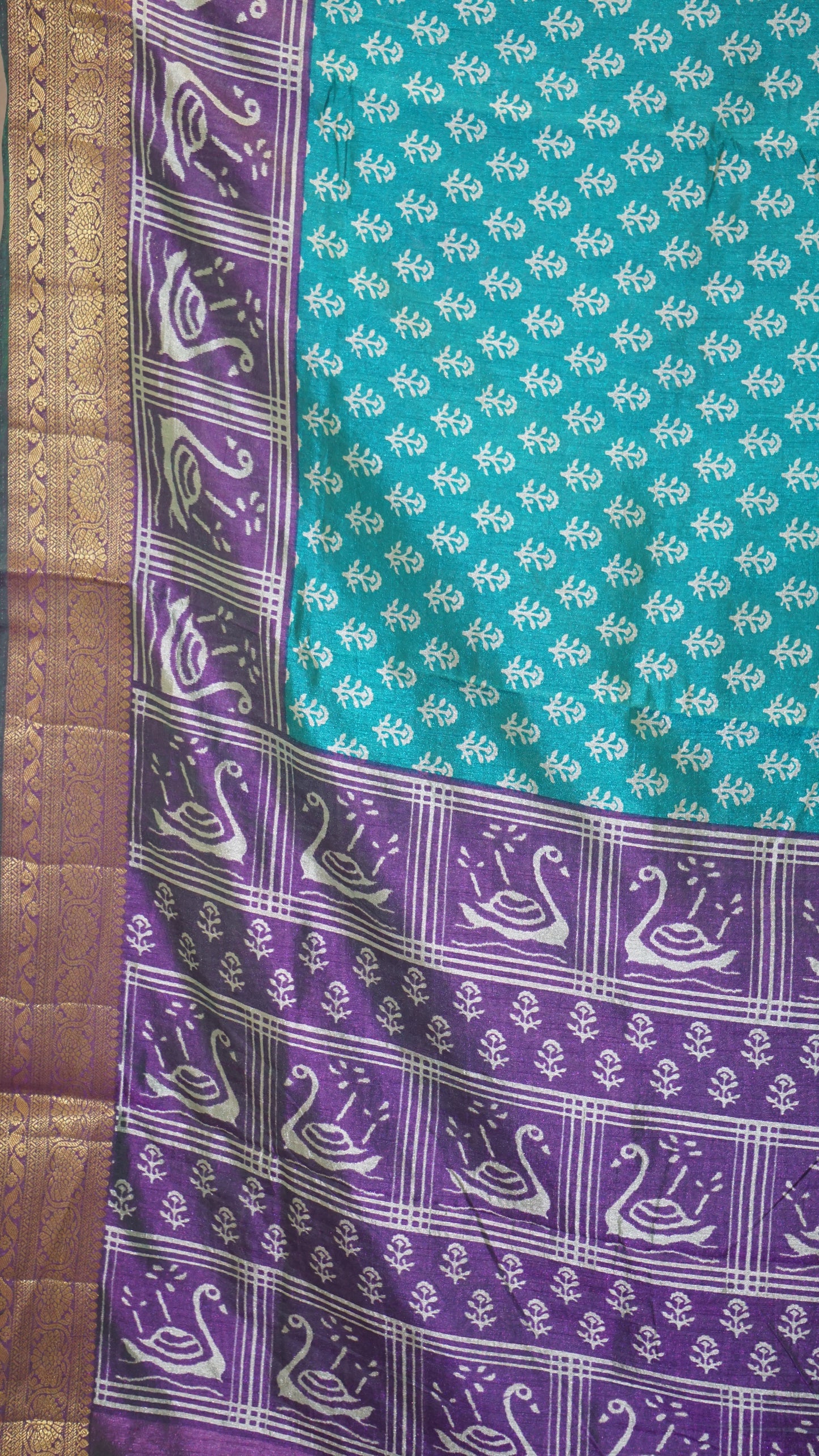 Semi Pattola With Swan Print Border - Teal Blue