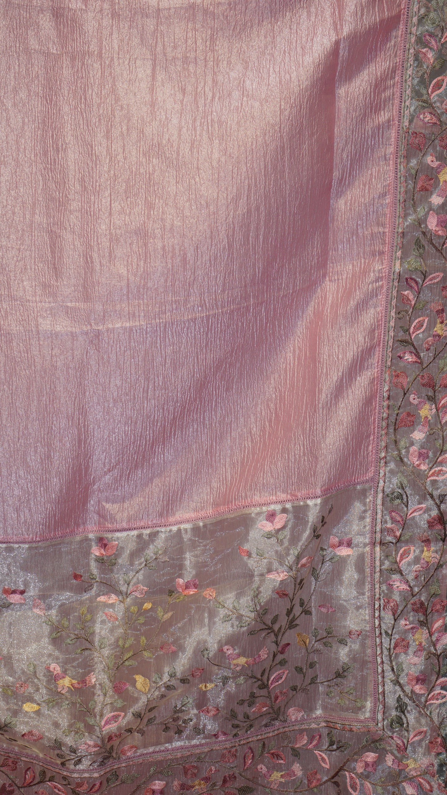 Semi Tussar Saree Crushed With Tissue Border Pink