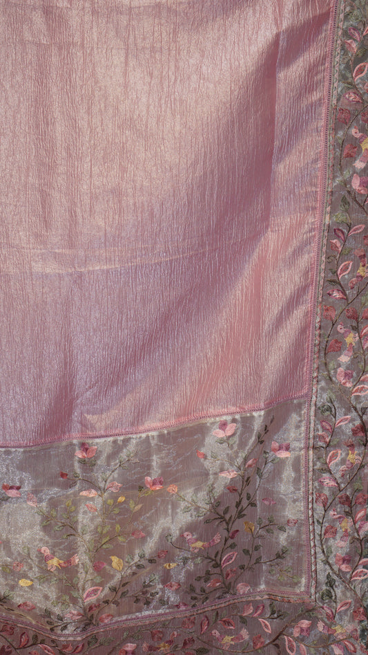 Semi Tussar Saree Crushed With Tissue Border Pink