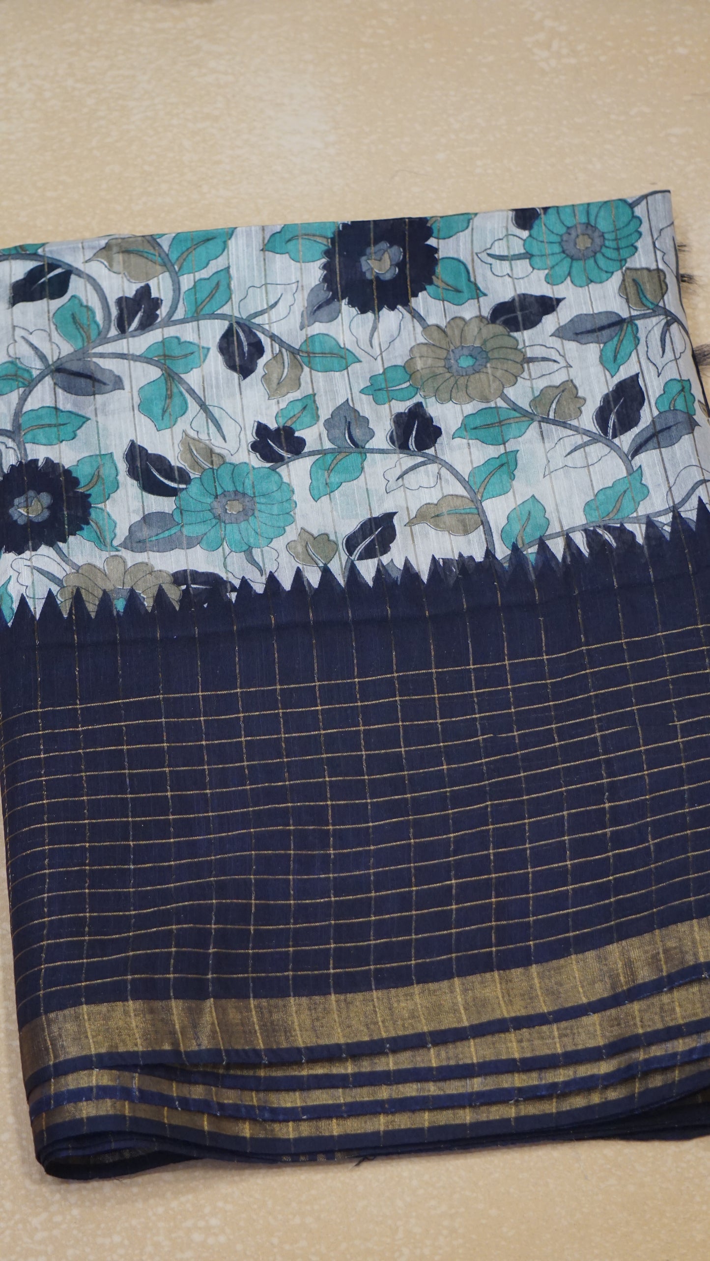 Bhagalpur Tussar Saree Kalamkari Print - Navy Blue
