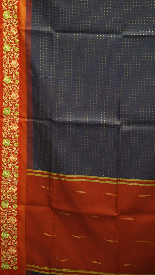 Semi Raw Silk Saree - Navy Blue With Maroon Floral Border