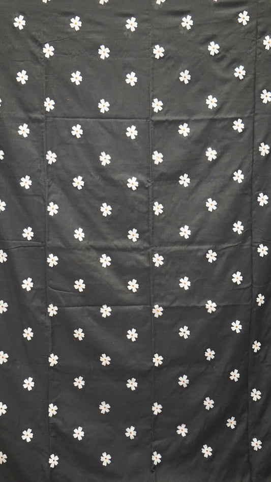 Handloom Cotton Saree - Black With White Flower