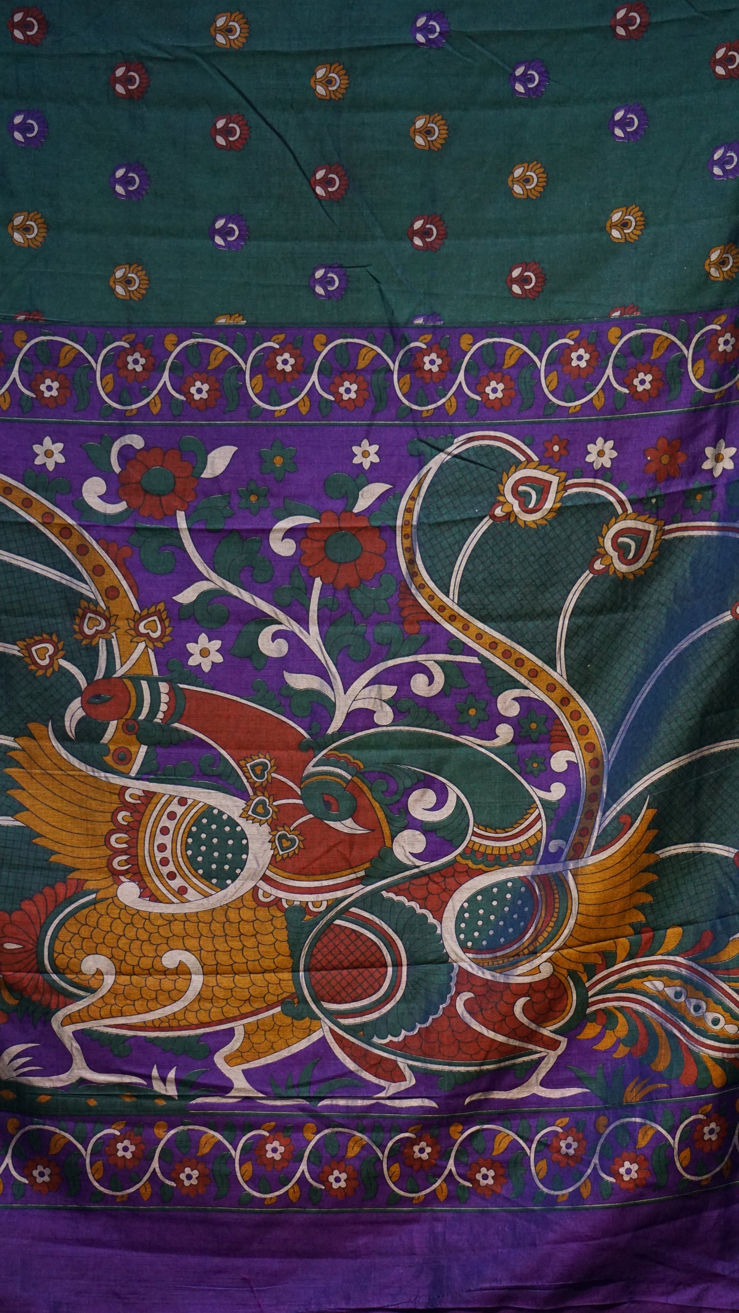 Semi Pattola Saree Kalamkari Print Peacock Green