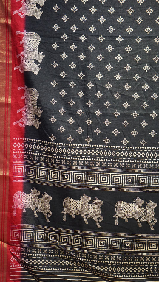 Shiffon Saree Cow Print Black - Red