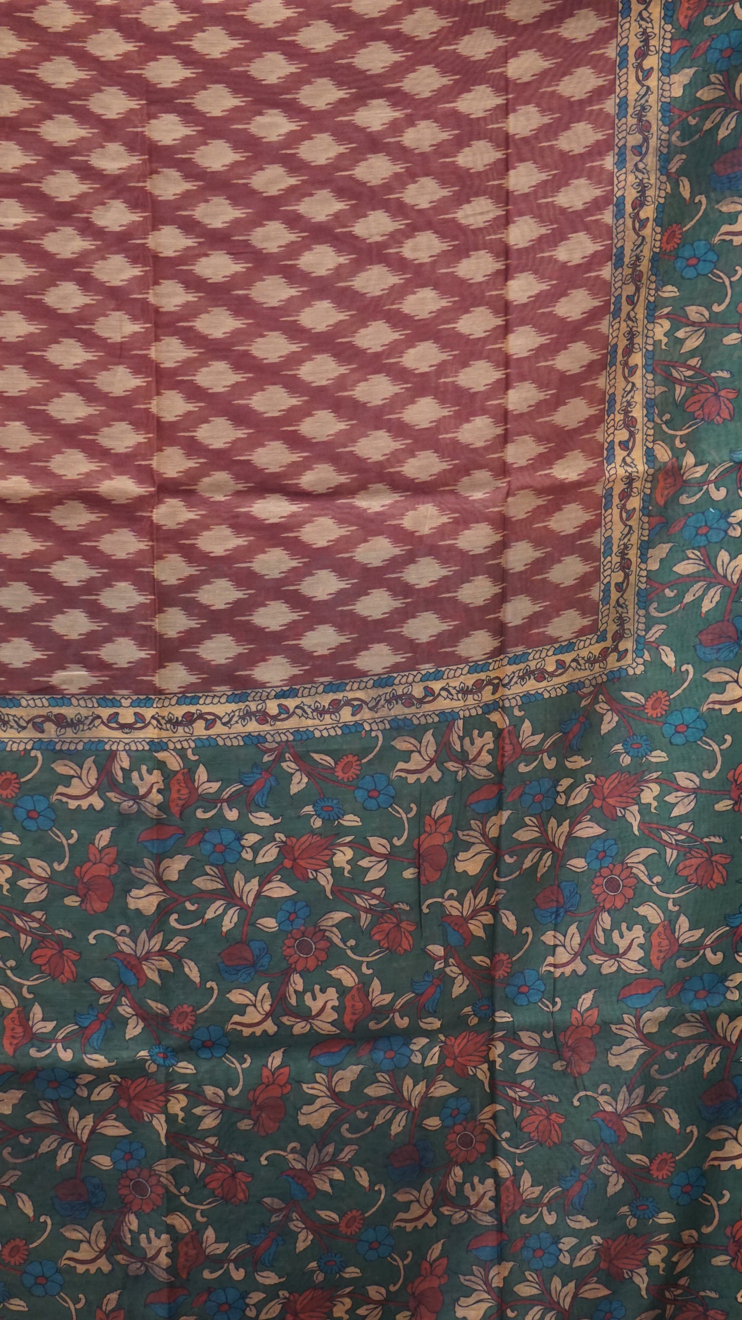 Chanderi Saree Ikkatkari Print - Green & Maroon
