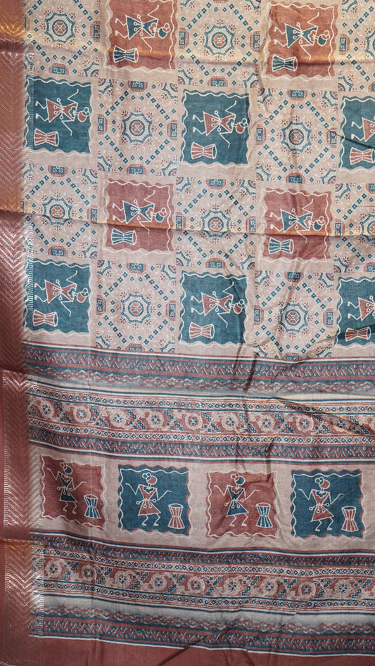 Semi Printed Silk Ajrak Print Beige - Brown
