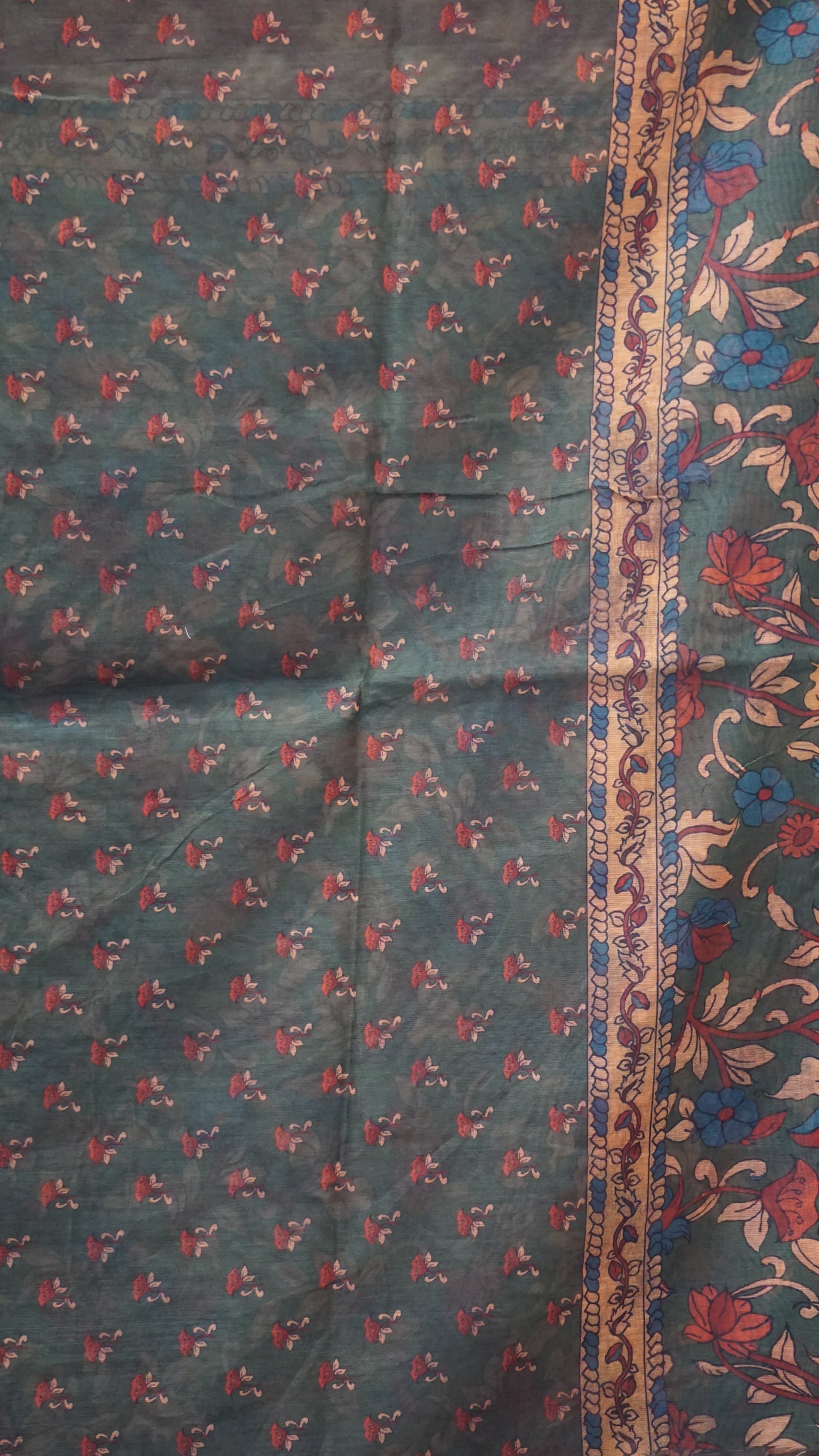 Chanderi Saree Ikkatkari Print - Green & Maroon