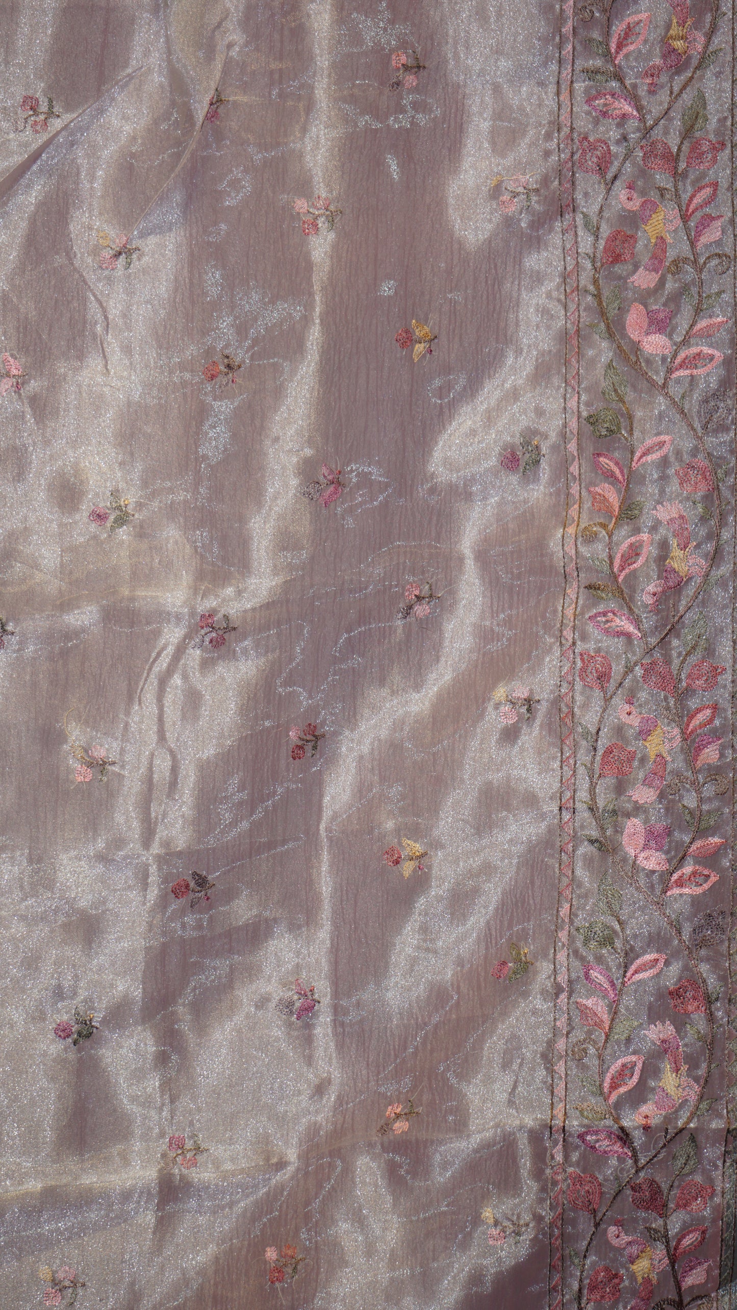 Semi Tussar Saree Crushed With Tissue Border Pink