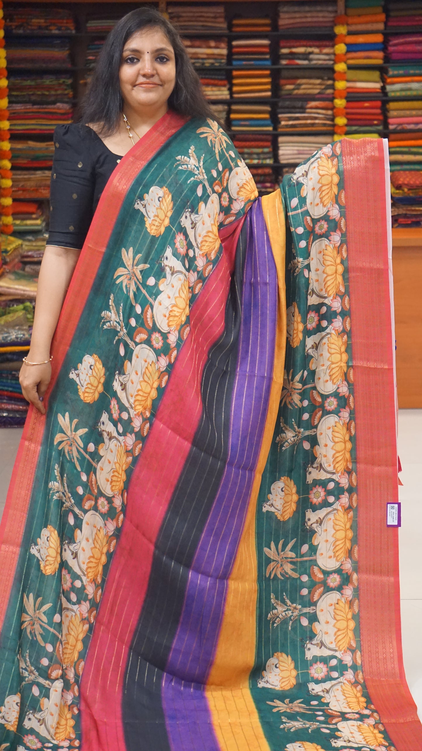 Shiffon Saree Pichwai Print Green to Pink