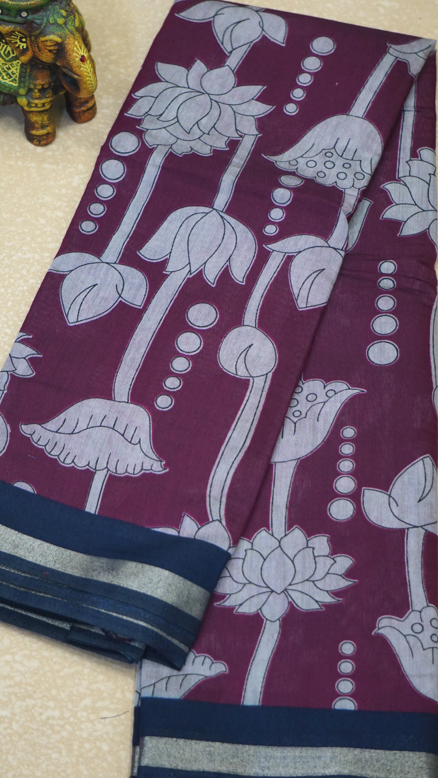 Malai Cotton Saree Pichwai Print - Purple with Navy Blue Border