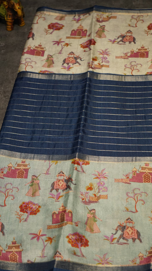 Semi Printed Silk Saree - Navy Blue
