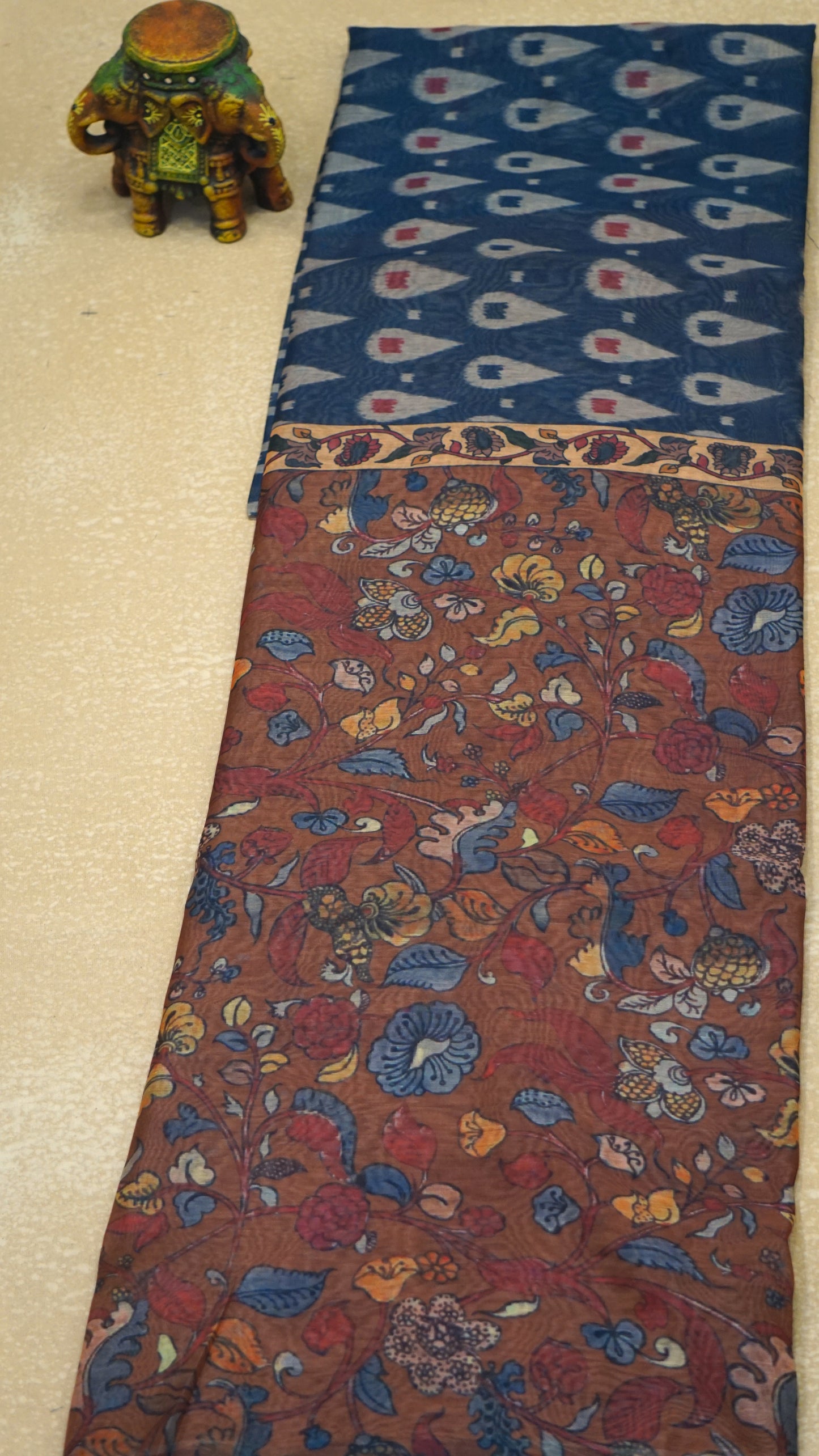 Chanderi Saree Ikkatkari Print - Brown & Navy Blue